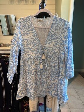Maaji Light Blue & White Printed Tassel V-Neck mini dress bathing suit cover-up